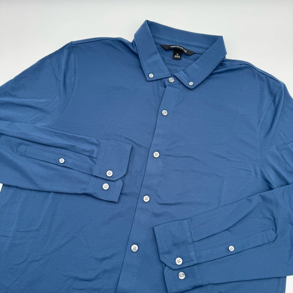 Mercer & Mettle Mens Blue Long Sleeve Button Polo Shirt Medium Polyester Spandex